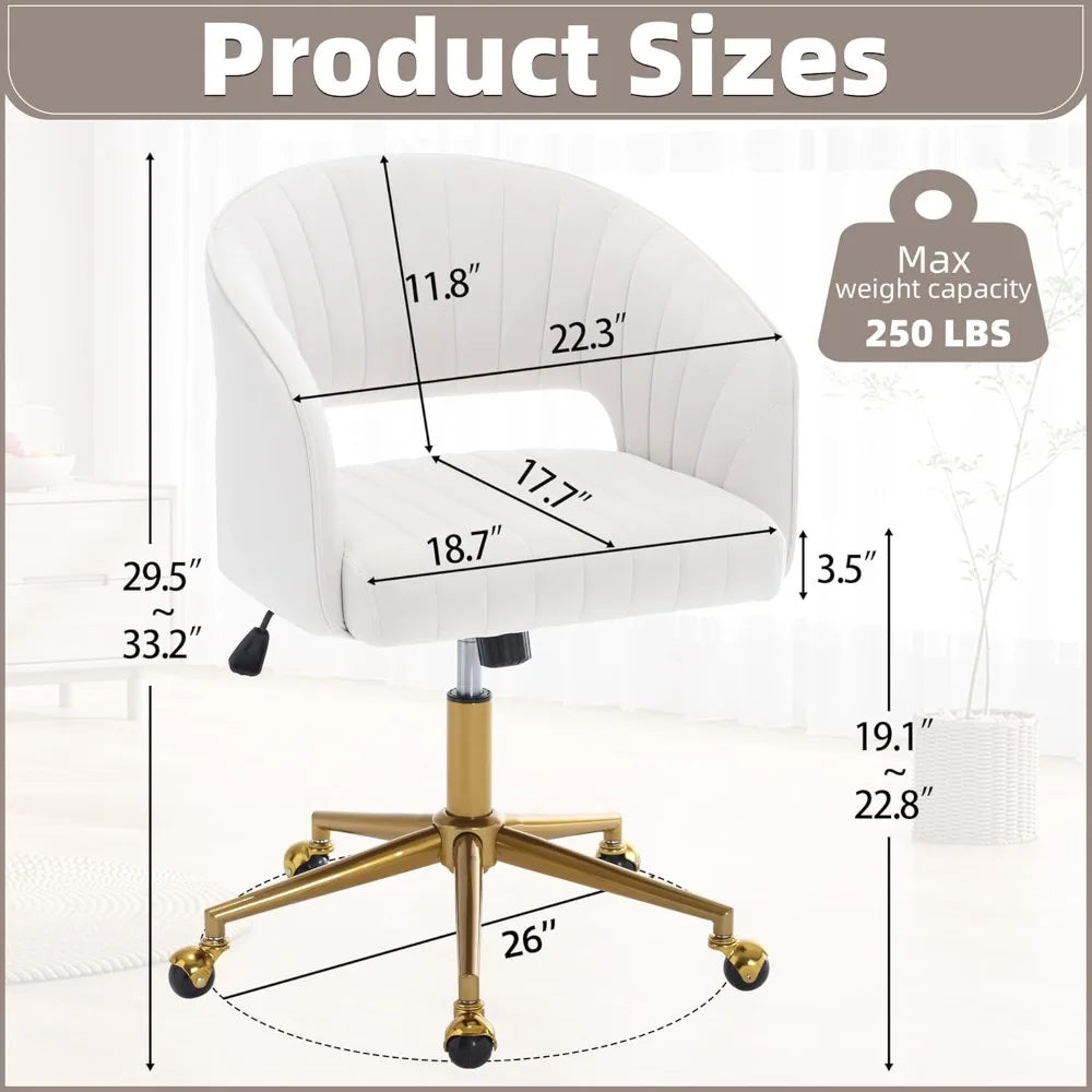 Desk Chair with Wheels, Velvet Home Office Chair, Swivel Armchair Gold Base, Upholstered Modern Accent Chairs, Back Incline