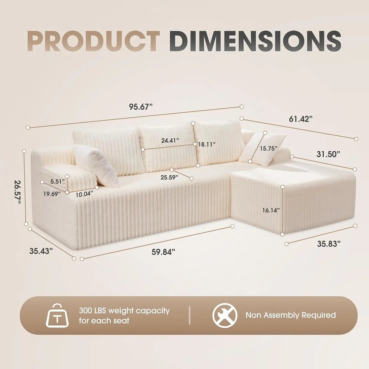 Modular Sectional Sofa Boneless Couch L-Shape Couch 3 Seat Modular Couch Memory Foam Sectional Couches for Living Room, Custom