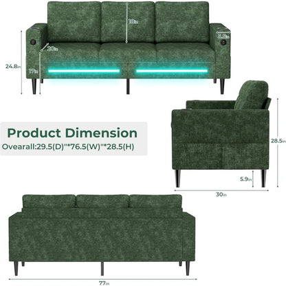 77" Small Cloud Loveseat 3 Seater Sofa, Green | Deep Seat, LED Light, USB Charger, Chenille, Modern, Customized