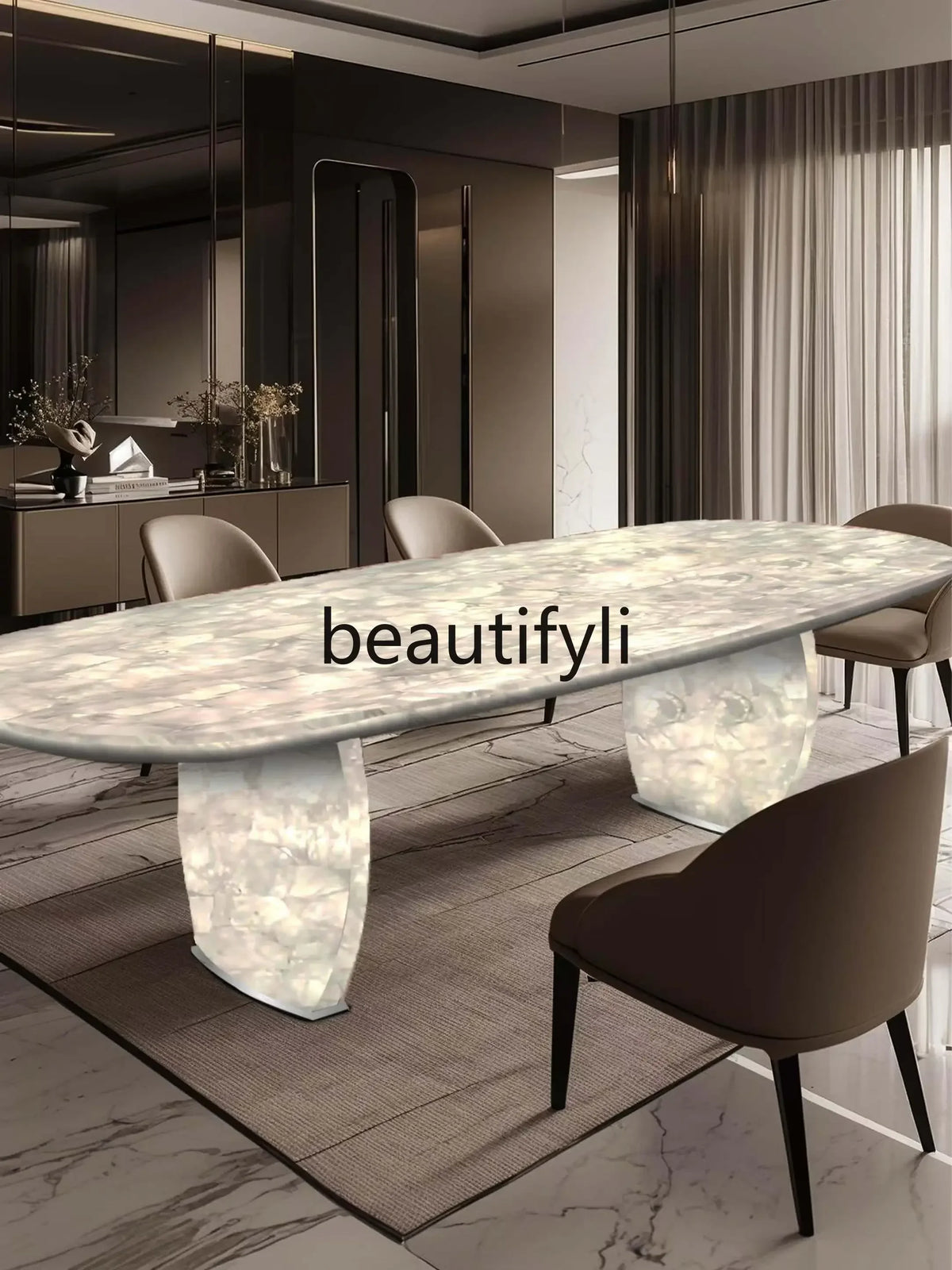Luminous dining table Jade luxury stone dining table Light luxury large flat-floor villa High-end modern dining table