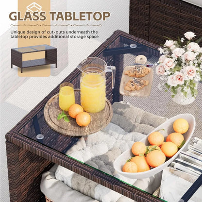 4-Piece Rattan Patio Furniture Set with Cushions and Glass Table for Outdoor Indoor Use