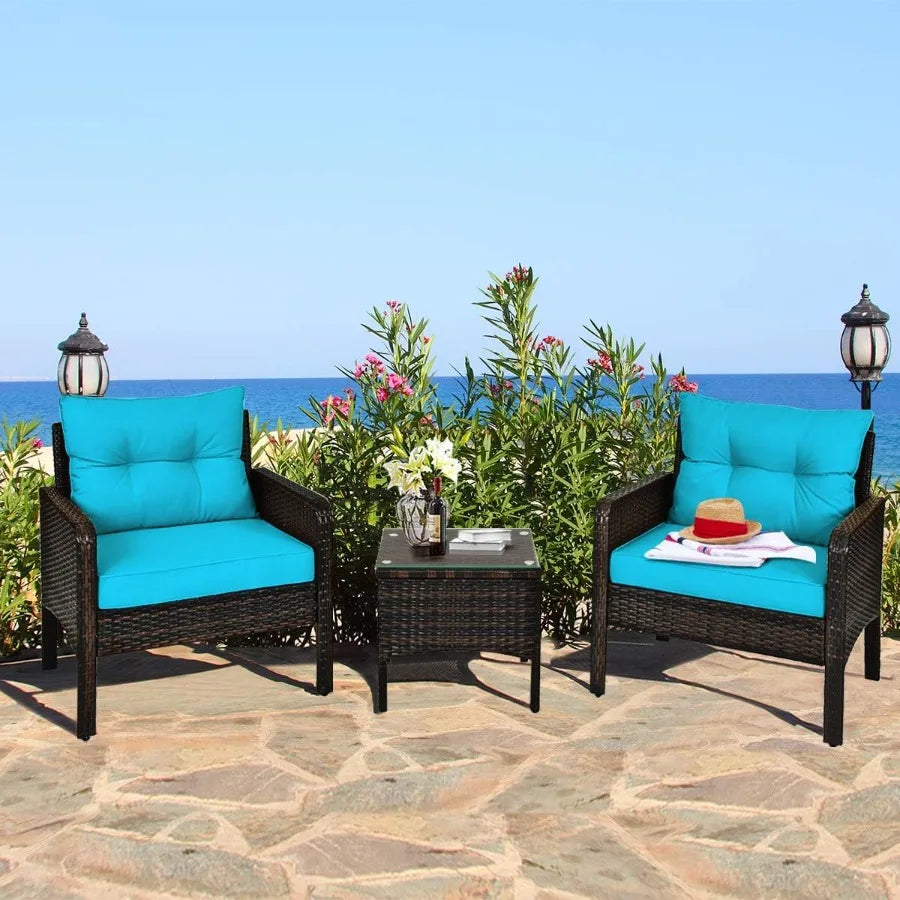 3PCS Patio Furniture Set Outdoor Wicker Cushioned Sofa Set with Coffee Table All Weather Rattan Conversation Set for Ga