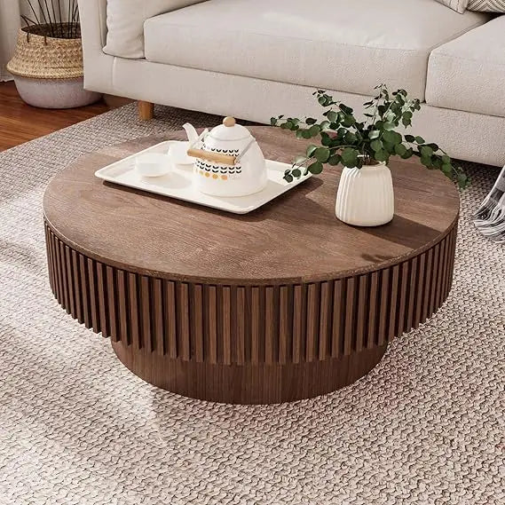 Modern Wooden Round Coffee Table with Storage, Solid Wood Veneer Accent Table for Living Room