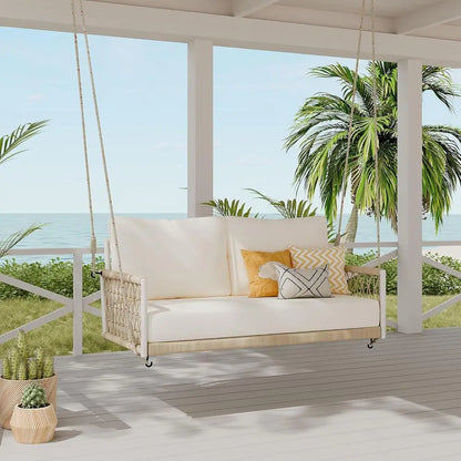 Beige 2-Person Porch Swing with Woven Rope and Soft Cushion for Patio or Garden