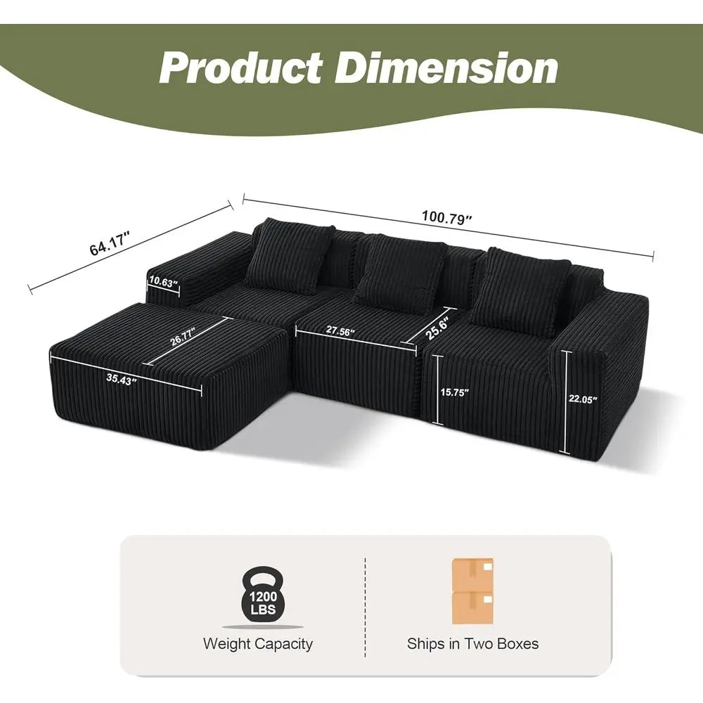L-Shaped Memory Foam Sofa with Chaise, Corduroy Upholstery, Easy Assembly Living Room Couch (Black)