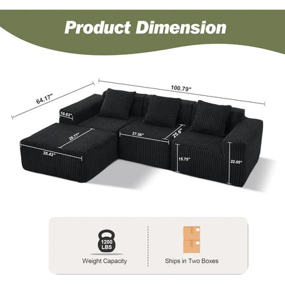 L-Shaped Memory Foam Sofa with Chaise, Corduroy Upholstery, Easy Assembly Living Room Couch (Black)