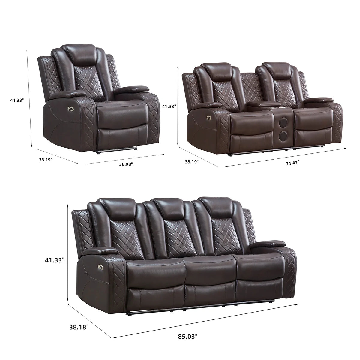 Power Reclining Sofa Couch with Wireless Charger 3 Seaters Recliner  Reading Light Leather Bluetooth Speaker Theater Seating LED