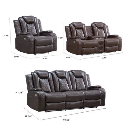 Power Reclining Sofa Couch with Wireless Charger 3 Seaters Recliner  Reading Light Leather Bluetooth Speaker Theater Seating LED