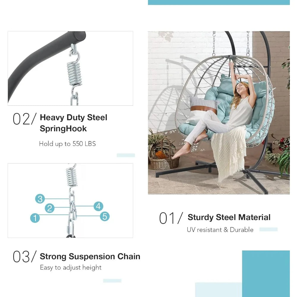 2 Person Double Egg Swing Chair with Stand Indoor Outdoor, Patio Wicker Rattan Hanging Egg Chair w/Cushion, Pillow, Fo