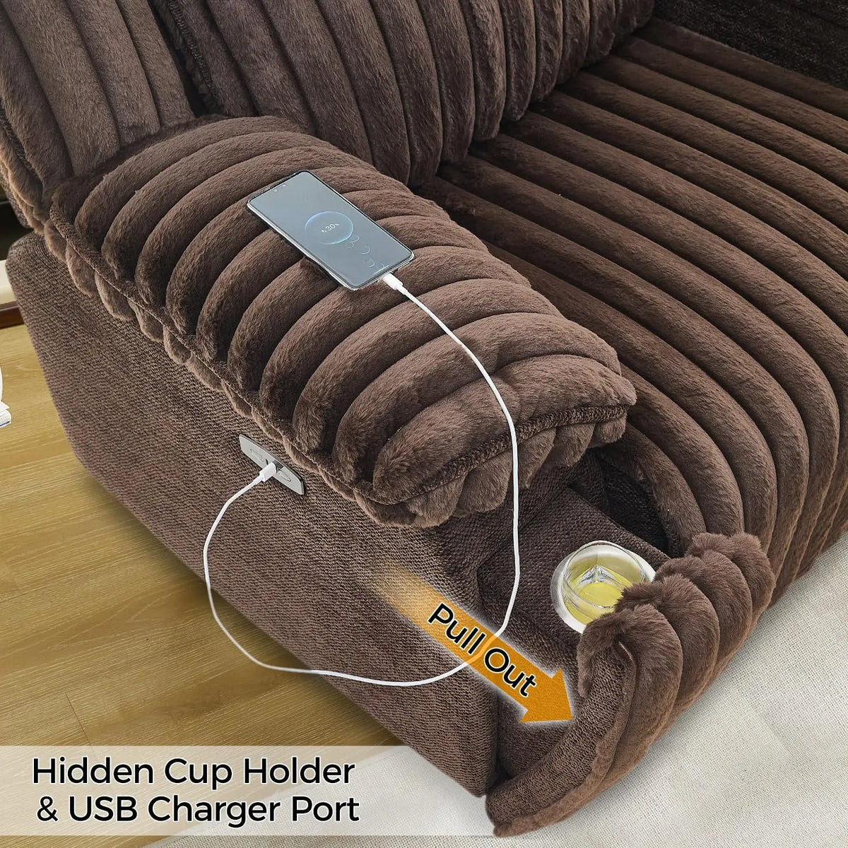 6 - Seater Power Reclining Living Room Sectional Sofa with Wireless Charger, Plush Faux Fur Couch with 2 Recliner