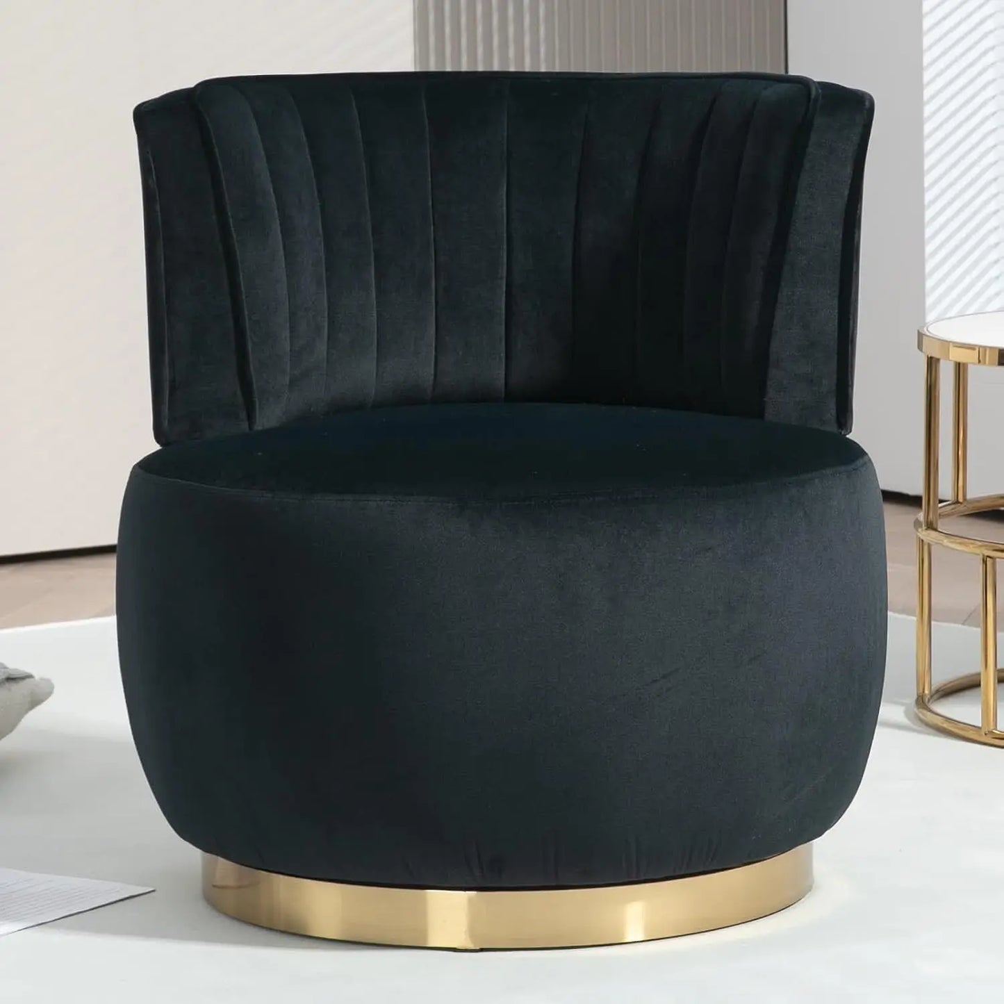 Swivel Barrel Chair, Black Velvet Modern Accent Chair, Round Upholstered Comfy Side Chair, Sherpa Chair With Gold Base For Nurse