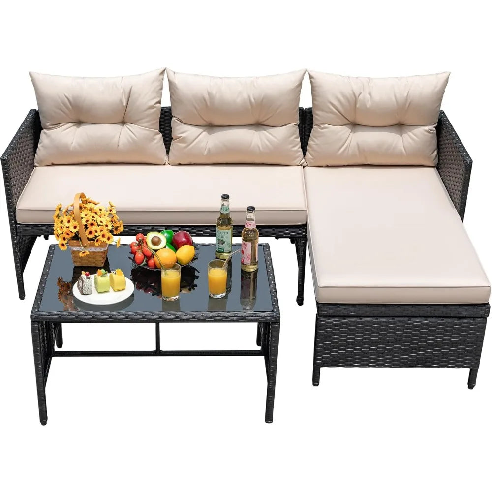 Outdoor Patio Furniture 3-Piece Rattan Waterproof Outdoor Sectional Sofa All-Weather L Shaped Patio Couch with Cushion Glass Ta