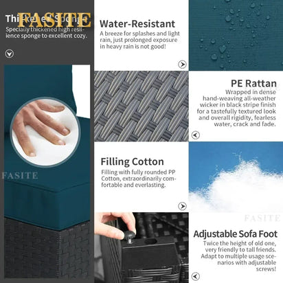 Patio Furniture Sets,  6 Pieces Couch Outdoor Chairs Coffee Table Peacock Blue Anti-Slip Cushions, Outdoor Furniture Sets