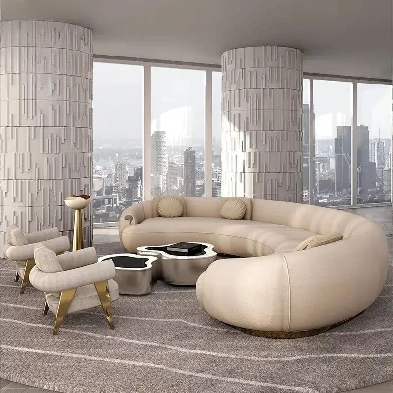 High End Villa Living Room Set Curved Sofa Leather Fabric Brass Corner Couch Italian Designer Furniture Sofas Modernos