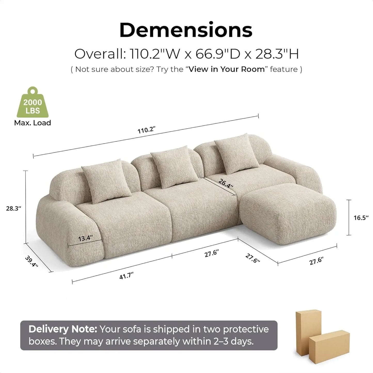 Modular Sectional Sofa Ottoman 110in L-Shape Chenille Upholstery Deep Seat Living Room No Assembly Custom