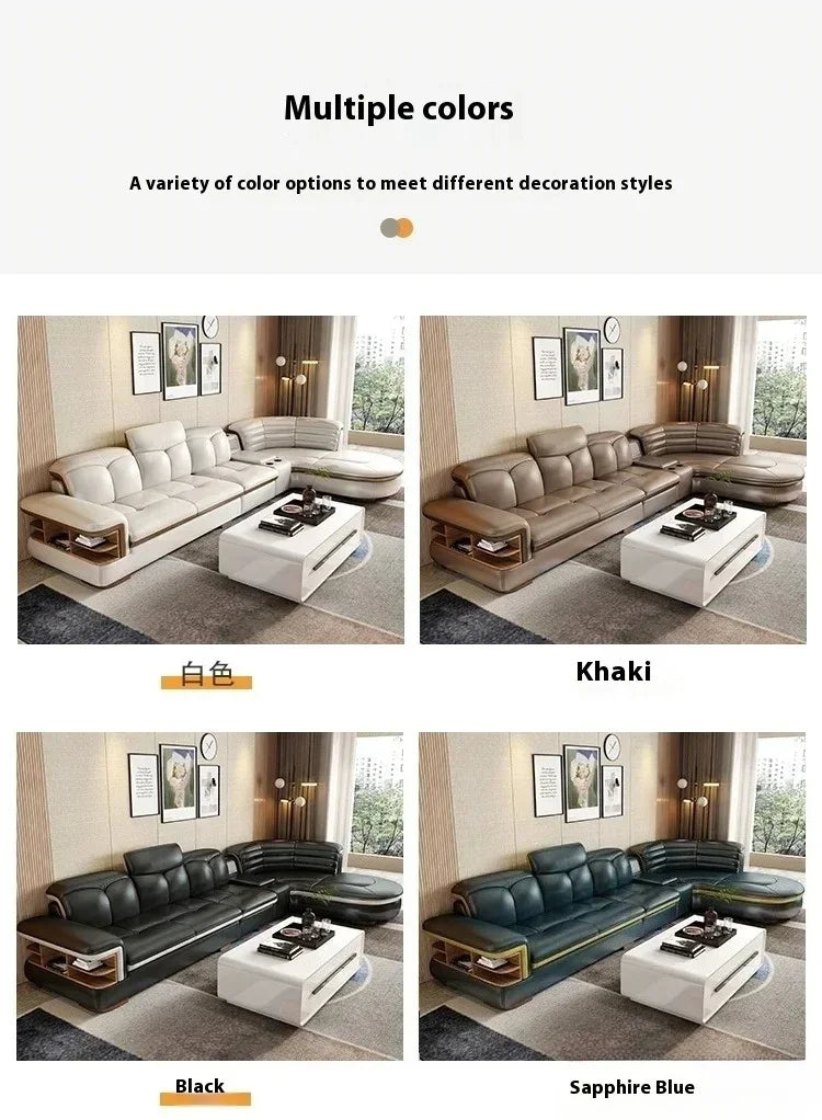 Luxury L-Shaped Genuine Leather Sectional Sofa Sets with USB, Bluetooth Speaker - MINGDIBAO Living Room Italian Leather Couches