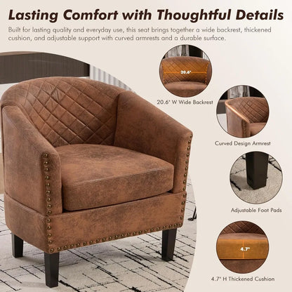 Accent PU Barrel Chair Set of 2 Living Room Chair, Upholstered Sofa Club Chair Set with Nail-Heads and Solid Wood Legs