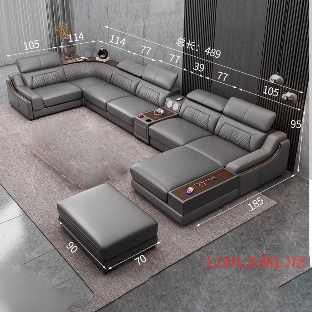 Modern U-Shaped Sectional Sofa Set with Chaise Lounge, Genuine Leather Couch with Storage Table, USB – Big Living Room Furniture