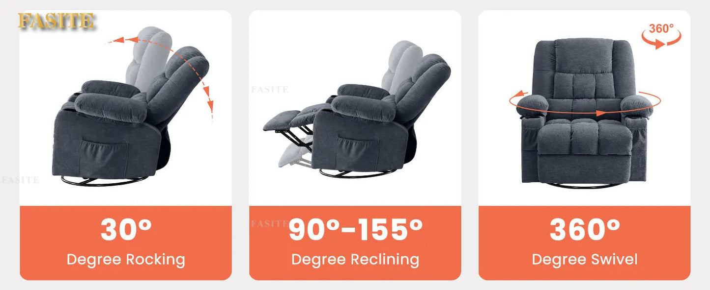 350 Pound Swivel 360° Rocking Massage Heating Recliner Sofa Chair in Anji Rocking Reclining Chair for Adults