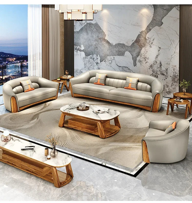 New Chinese Style Ugyen Wood Leather Sofa Large Apartment Combination New Furniture