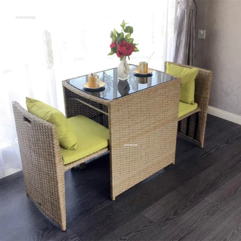 Courtyard Terrace Outdoor Round Table and Chairs Balcony Rattan Garden Furniture Set Patio Leisure Table and Chairs Three-piece