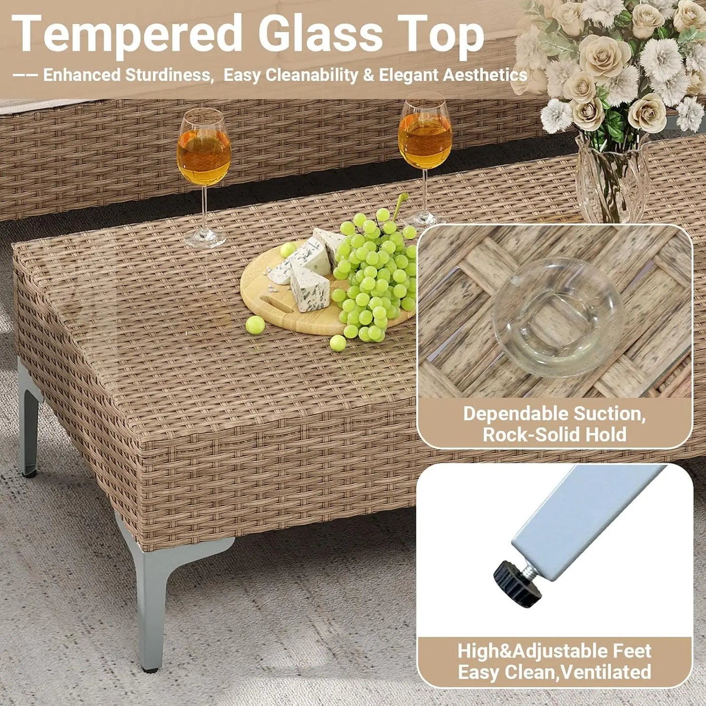 4-Piece Outdoor Sectional Sofa Set, All-Weather Wicker Patio Furniture with L/R armrest & Tempered Glass Table,, Customized