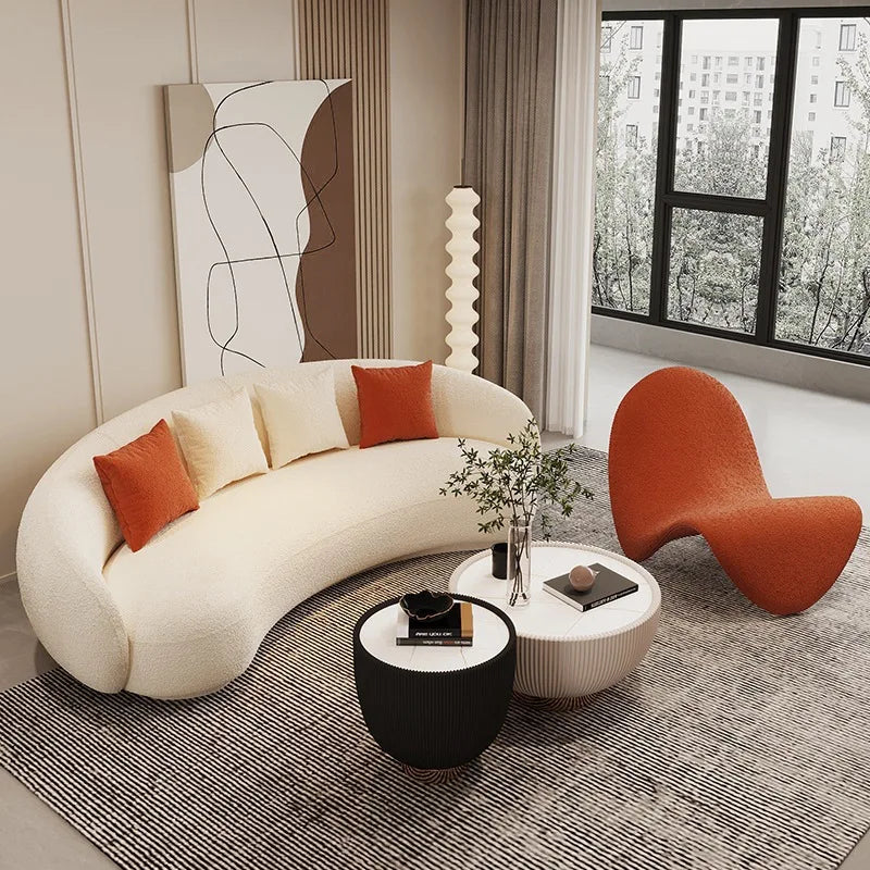 Light luxury small apartment curved lambswool sofa simple home living room fabric sofa beauty salon reception sofa chair
