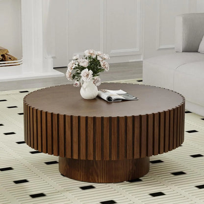 Round Coffee Table, Handcrafted Fluted Drum Coffee Tables Modern Wood Coffee Table Circle Drum Center Table For Living Room