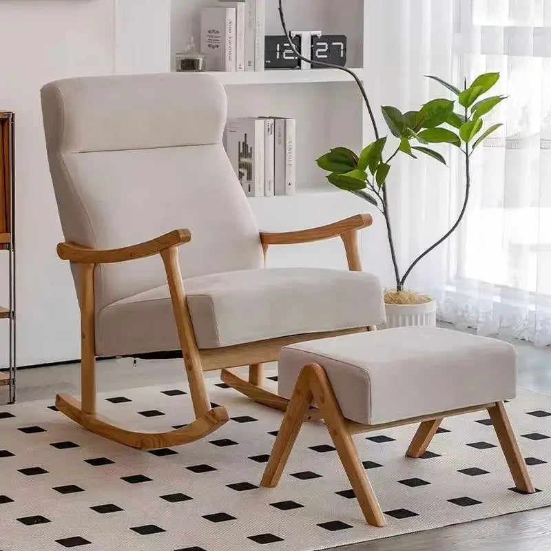 Wooden Rocking Chair Lounge Chair High Backrest Rocking Armchair Accent Chair with Lumber Pillow