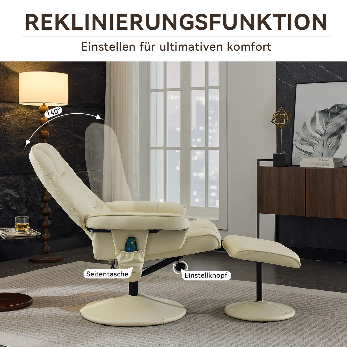 Massage chair with reclining function, heating & footstool, reclining TV chair made of PU fabric, 360° swivel, beige