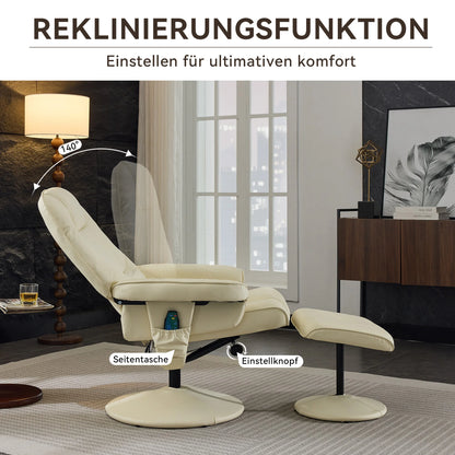 Massage chair with reclining function, heating & footstool, reclining TV chair made of PU fabric, 360° swivel, beige
