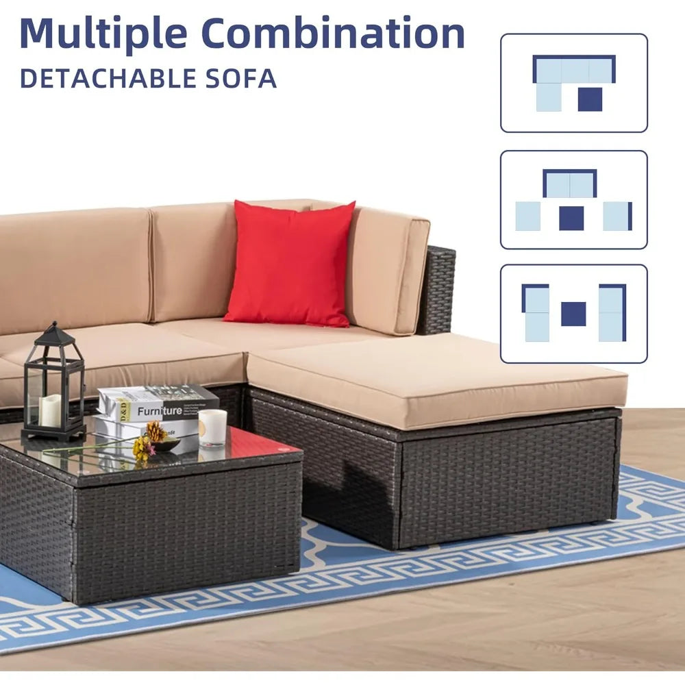 5 Piece Patio Furniture Sets, Outdoor Patio Set Sectional Sofa, All-Weather PE Rattan Outdoor Couch with Ottoman, Glas
