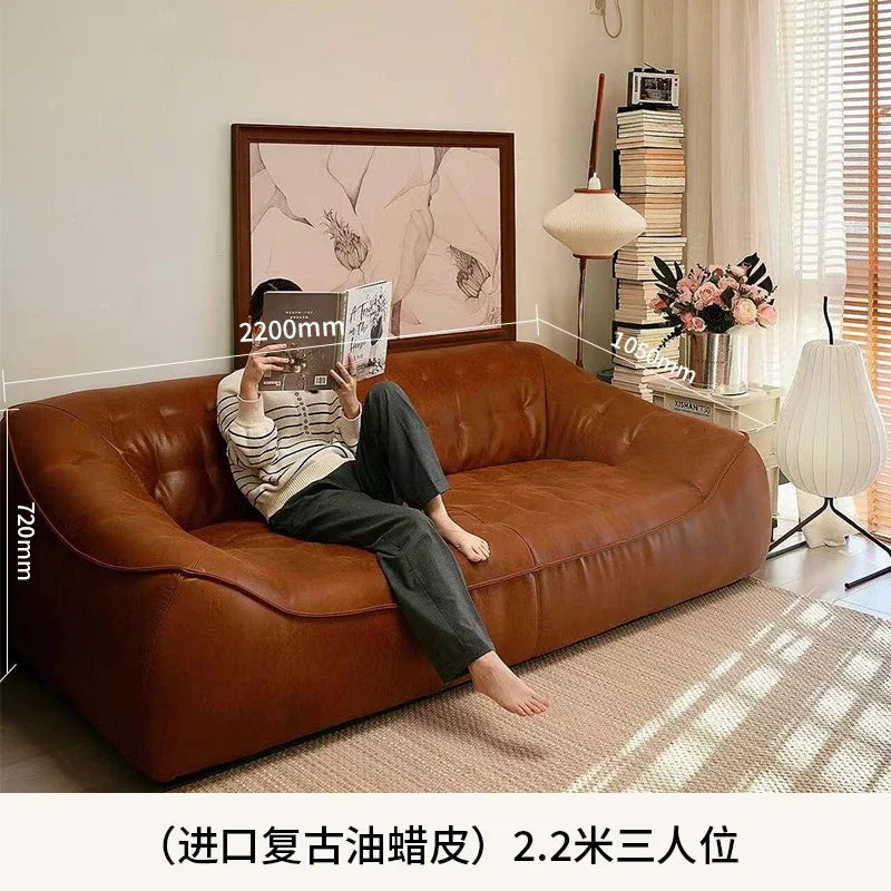 Oil Wax Leather French Retro Small Apartment Straight Row Leather Sofa Living Room Sofa
