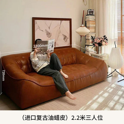 Oil Wax Leather French Retro Small Apartment Straight Row Leather Sofa Living Room Sofa