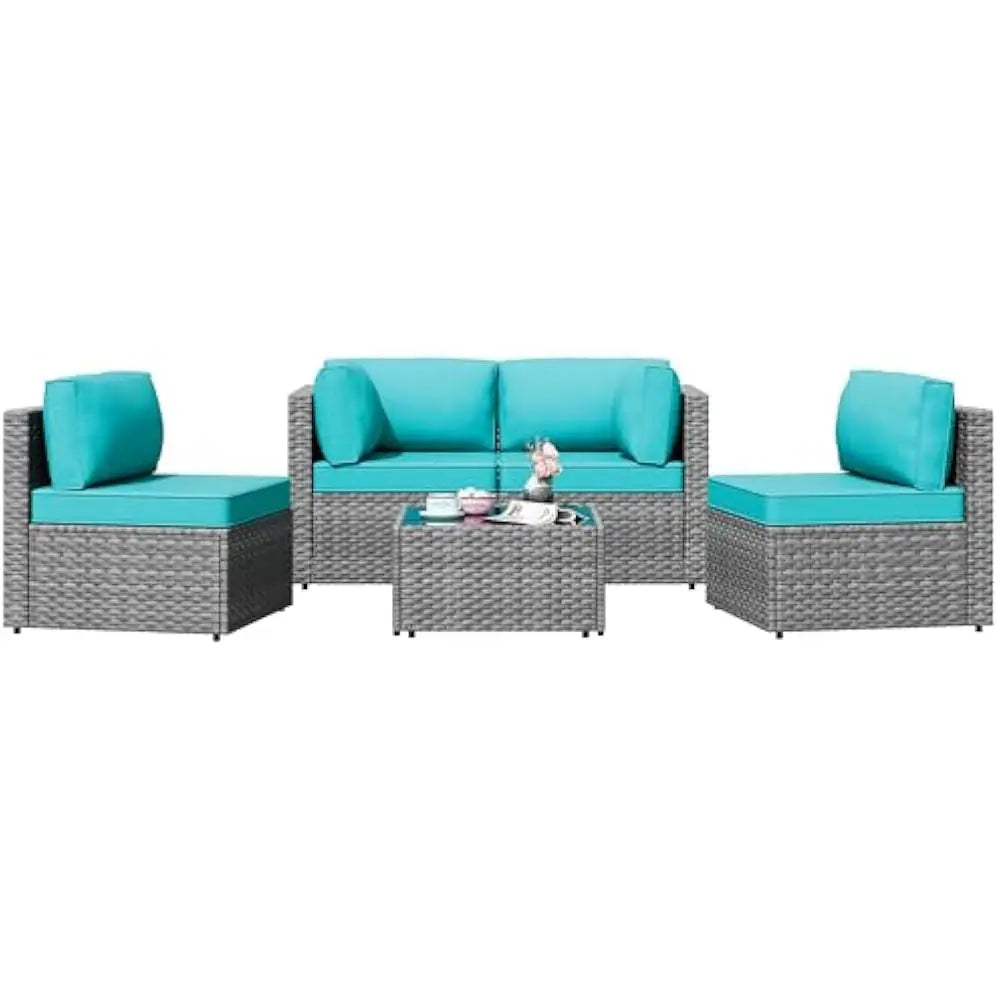 5 Pieces Outdoor Patio Sectional Sofa Couch, PE Wicker Furniture Conversation Sets with Washable Cushions & Glass Coffee Table