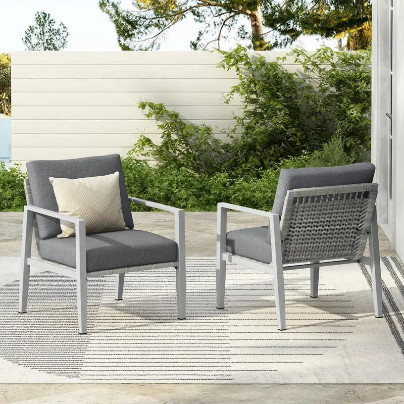 Set of 2 Silver Aluminum Lounge Chairs with Rope Accents and Cushions for Modern Indoor and Outdoor Spaces
