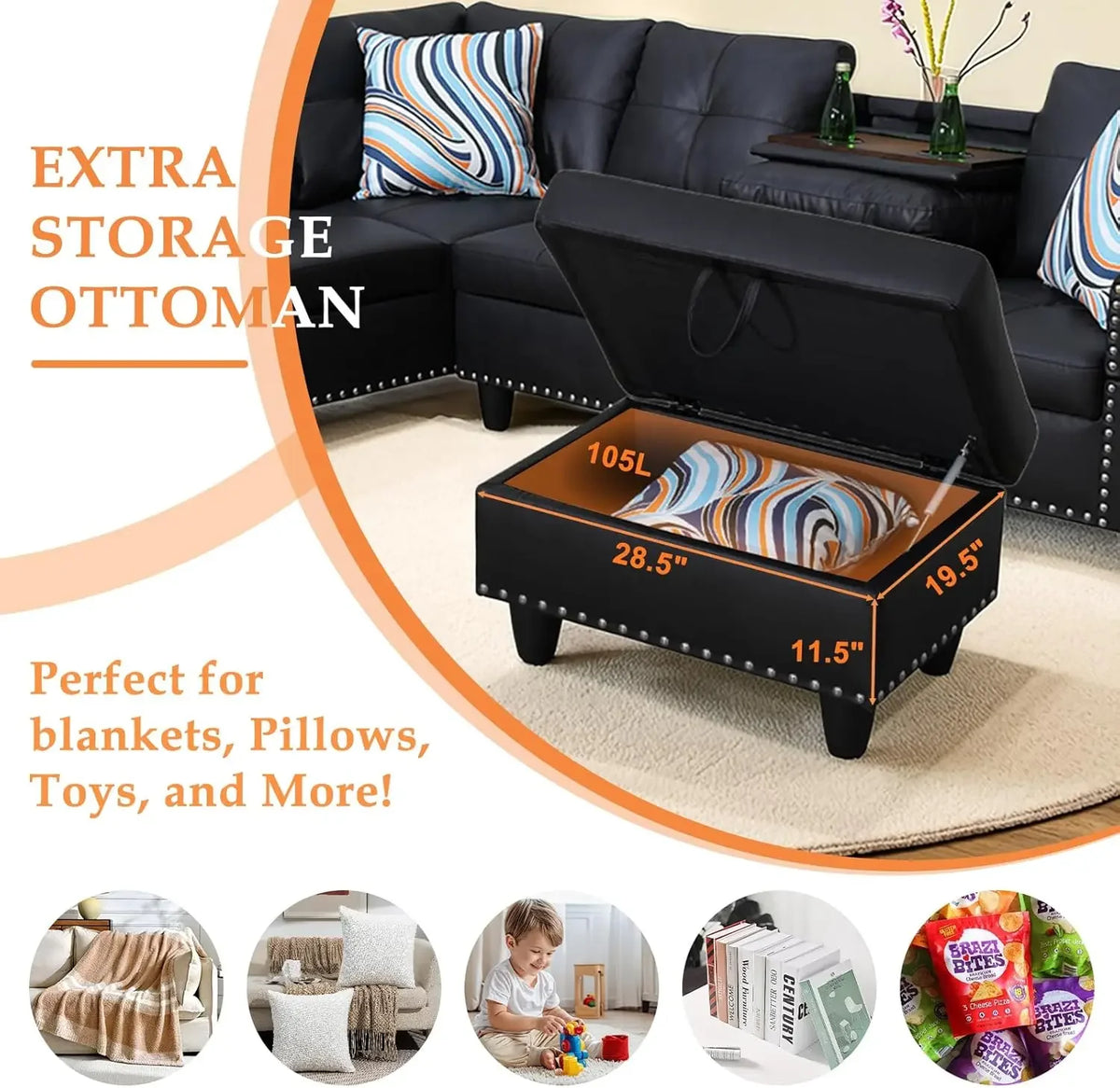 Sectional Sofa Couch, Modern 4-Seaters Living Room Furniture Sets with Chaise Lounge, Ottoman & 2 Pillows | L Shape Couch