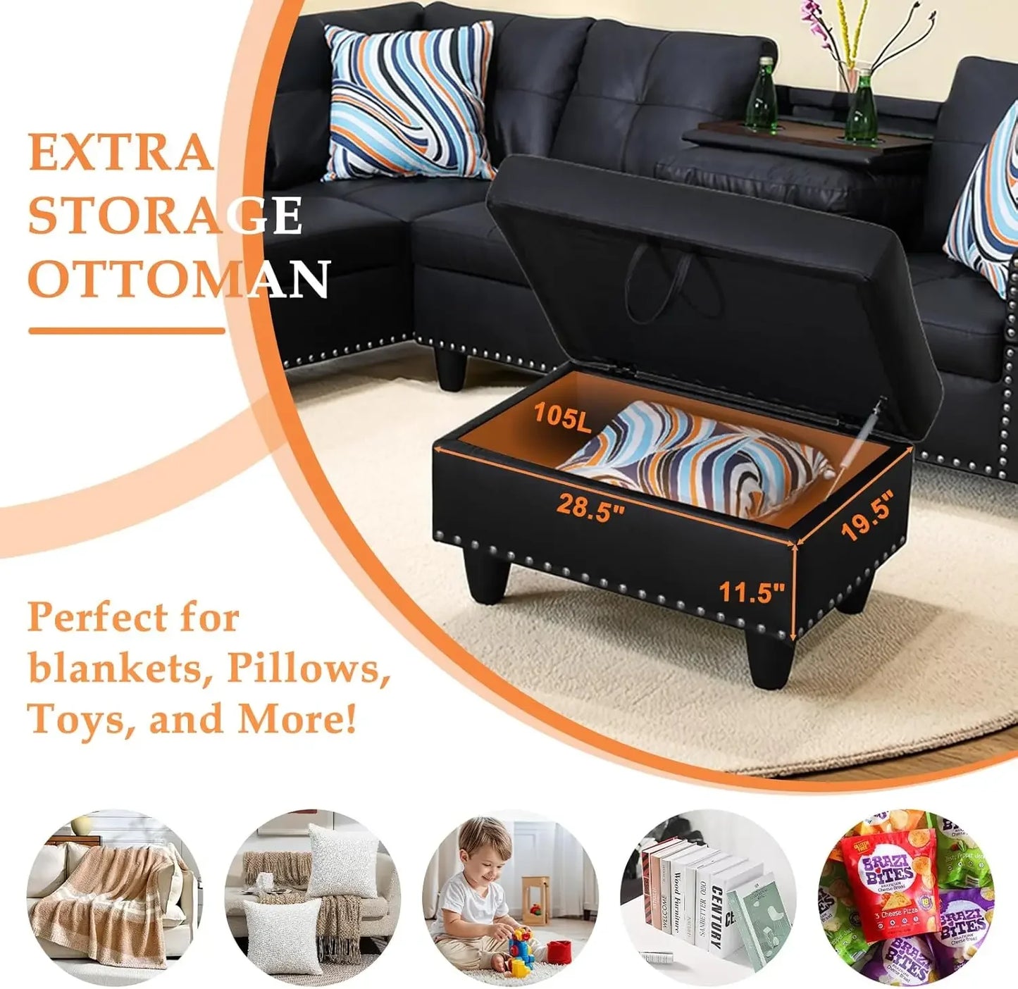 Sectional Sofa Couch, Modern 4-Seaters Living Room Furniture Sets with Chaise Lounge, Ottoman & 2 Pillows | L Shape Couch