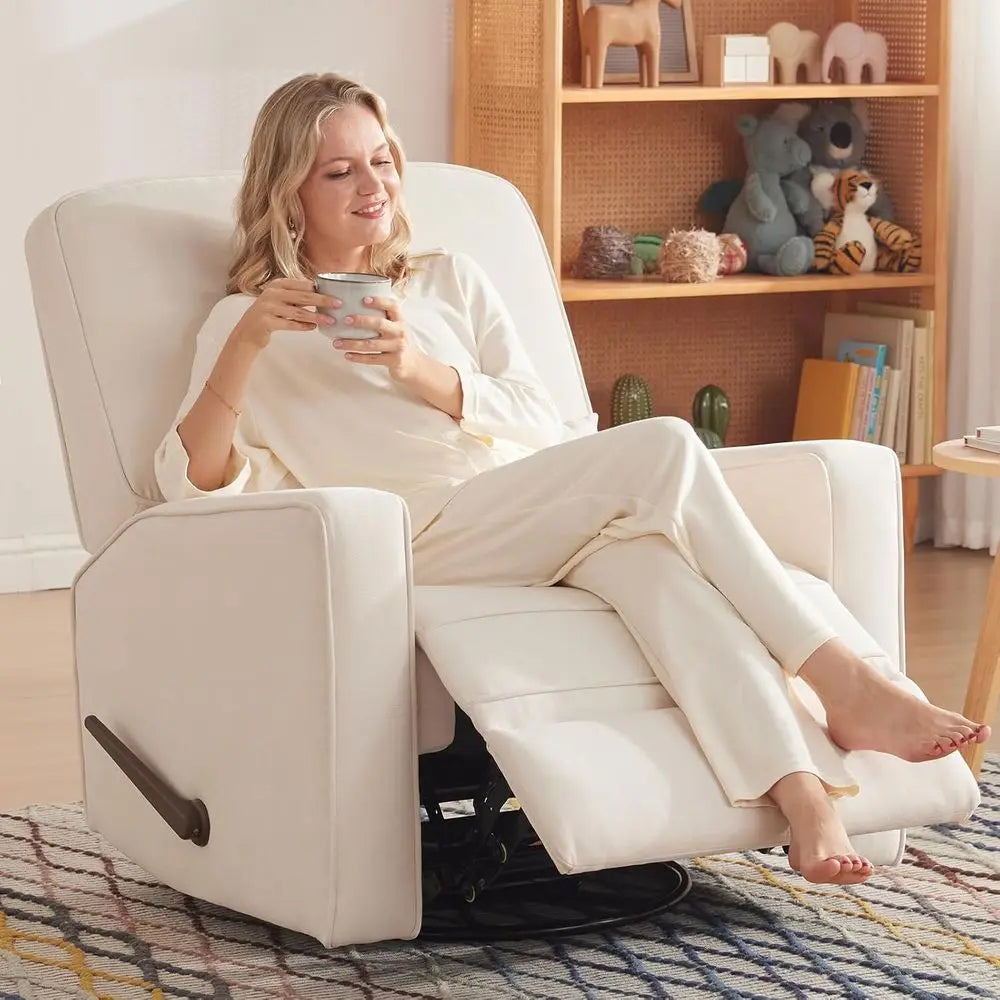 Swivel Recliner Chair with Lumbar Support, Nursery Rocking Chair for Bedroom, Upholstered Armchair with Pillows and Footrest for