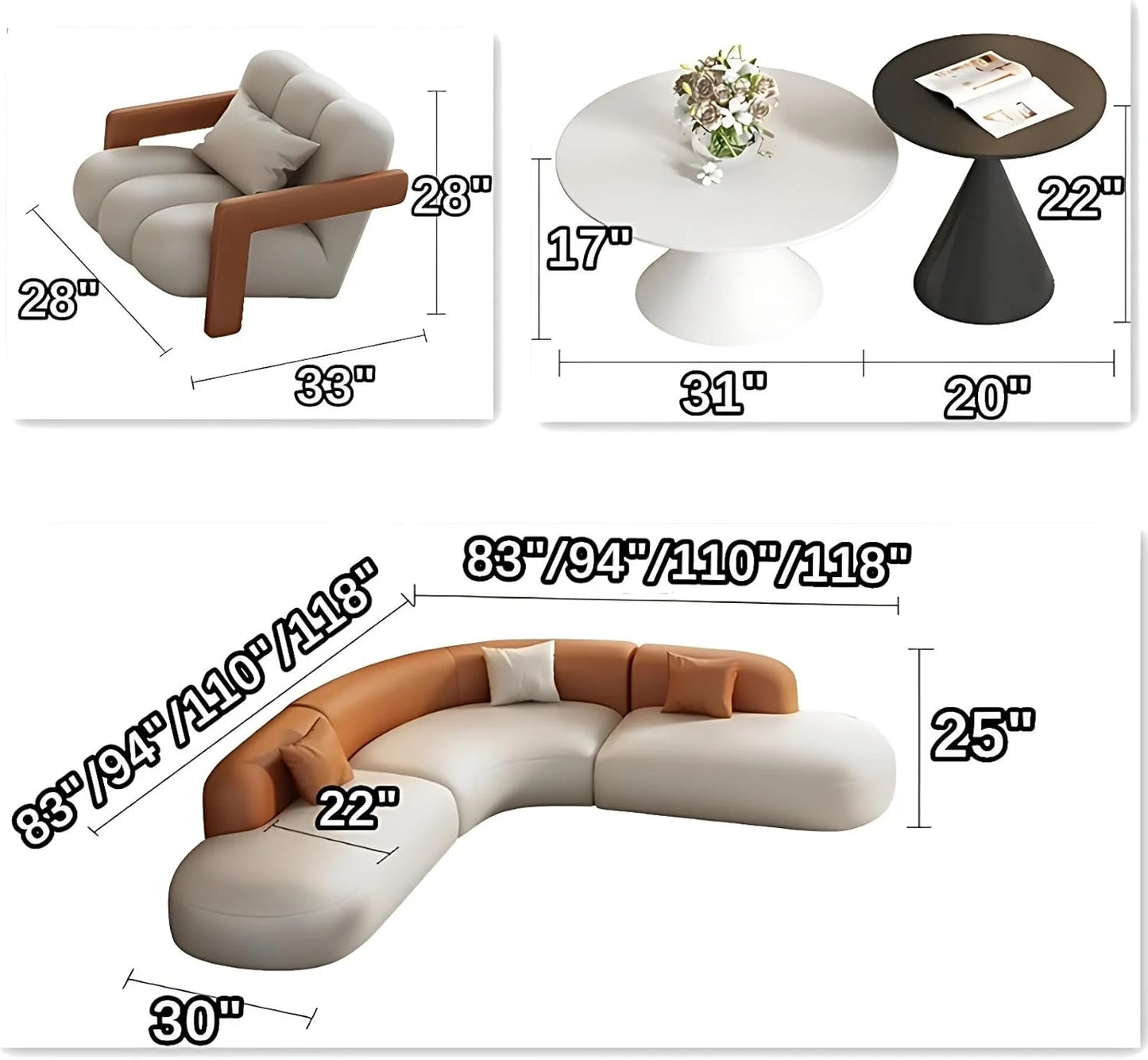 DIGGERA Curved Leather Sofa Set with Solid Wood Frame, Modern Sectional Couches for Living Room, Comfortable Leather Couch Sets