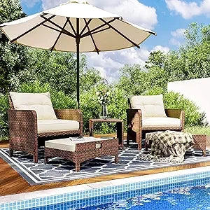 Outdoor Patio Wicker Chair Set for 5 with Ottoman, Cushions, and Coffee Table Conversation Area