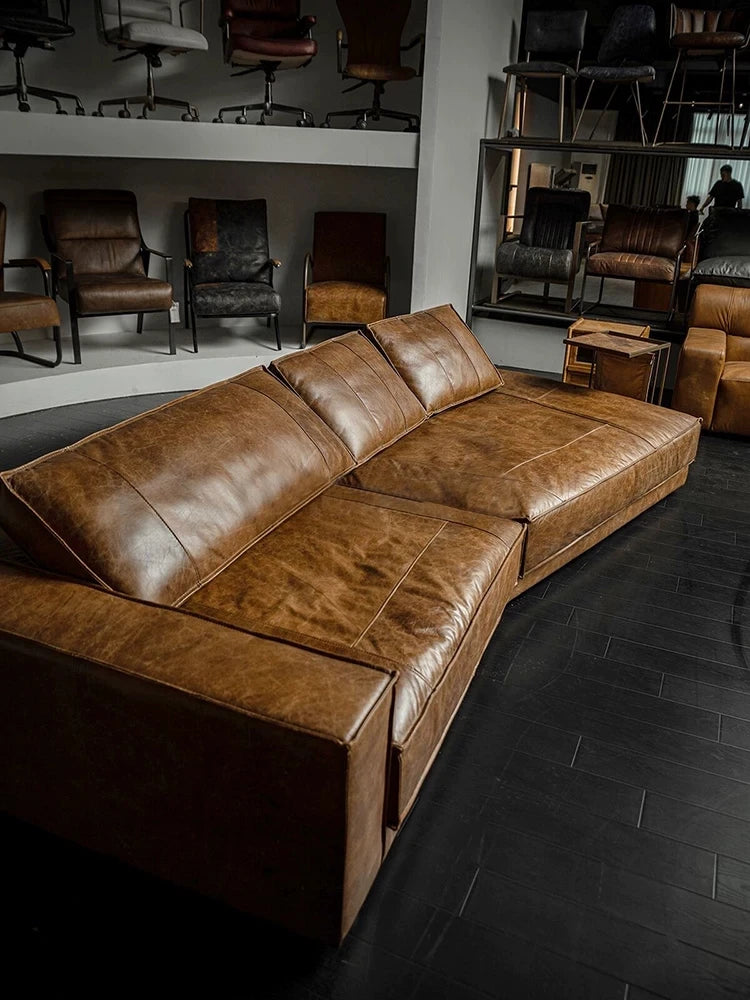 Classic retro style living room Budapest sofa, second-hand bed and breakfast oil wax leather special-shaped sofa