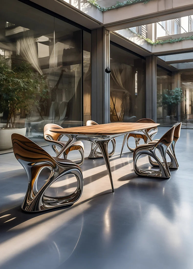 Steel and wood art light luxury dining tables and chairs, art luxury international pavilion furniture
