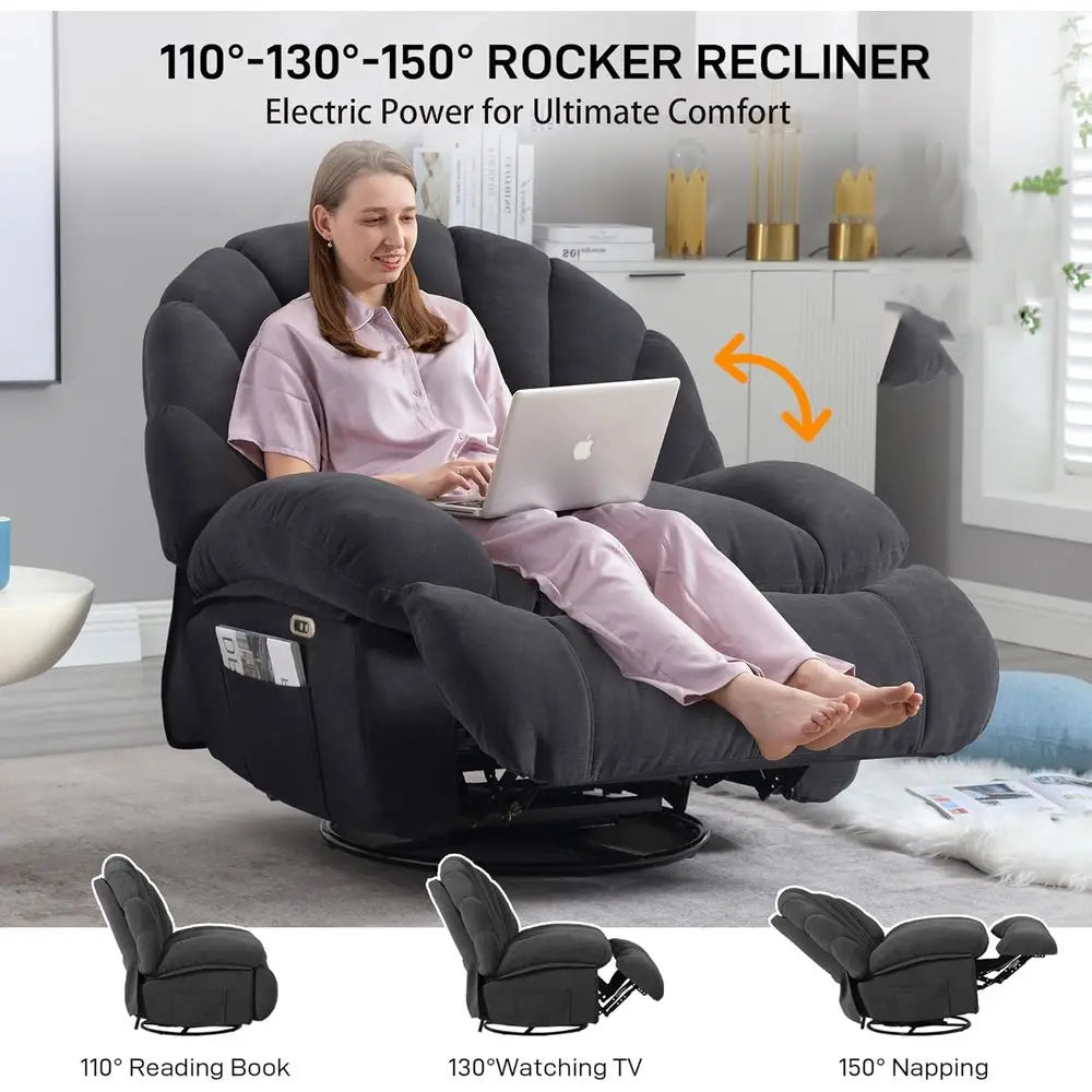 Gray Swivel Recliner Chair with Comfortable Fabric, 360-Degree Rotation, Storage, and Electric Recline for Living Room or Bedroo