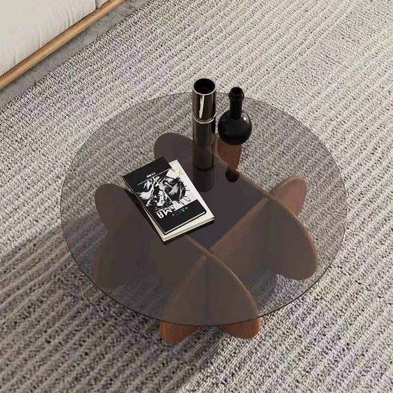 Table basse en verre de luxe légère, moderne, simple, petit appartement, salon, ronde, bois massif, maison, design créatif, table d'appoint de canapé