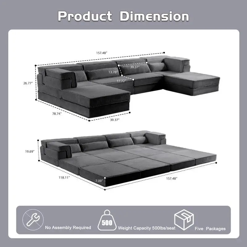 Modular Convertible Floor Sofa Bed, DIY Boneless Sectional Sofa, No Assembly Needed, Oversized 4-Seater with 2 Ottomans, Dark