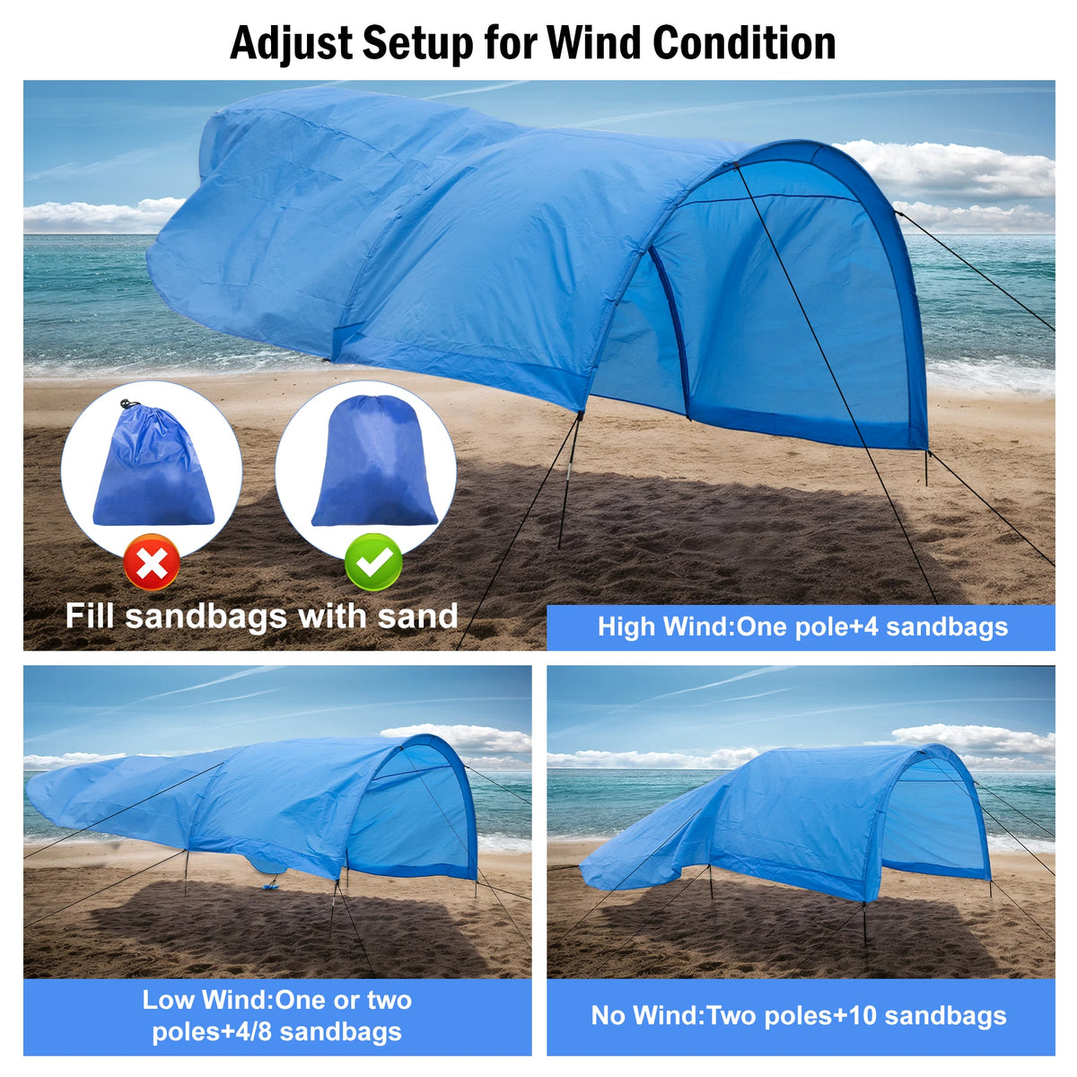 WESTTUNE Portable Beach Shade Compact Wind-Powered Beach Canopy Foldable Outdoor Sun Shelter Beach Tent for 8 People 200 Sq. Ft.