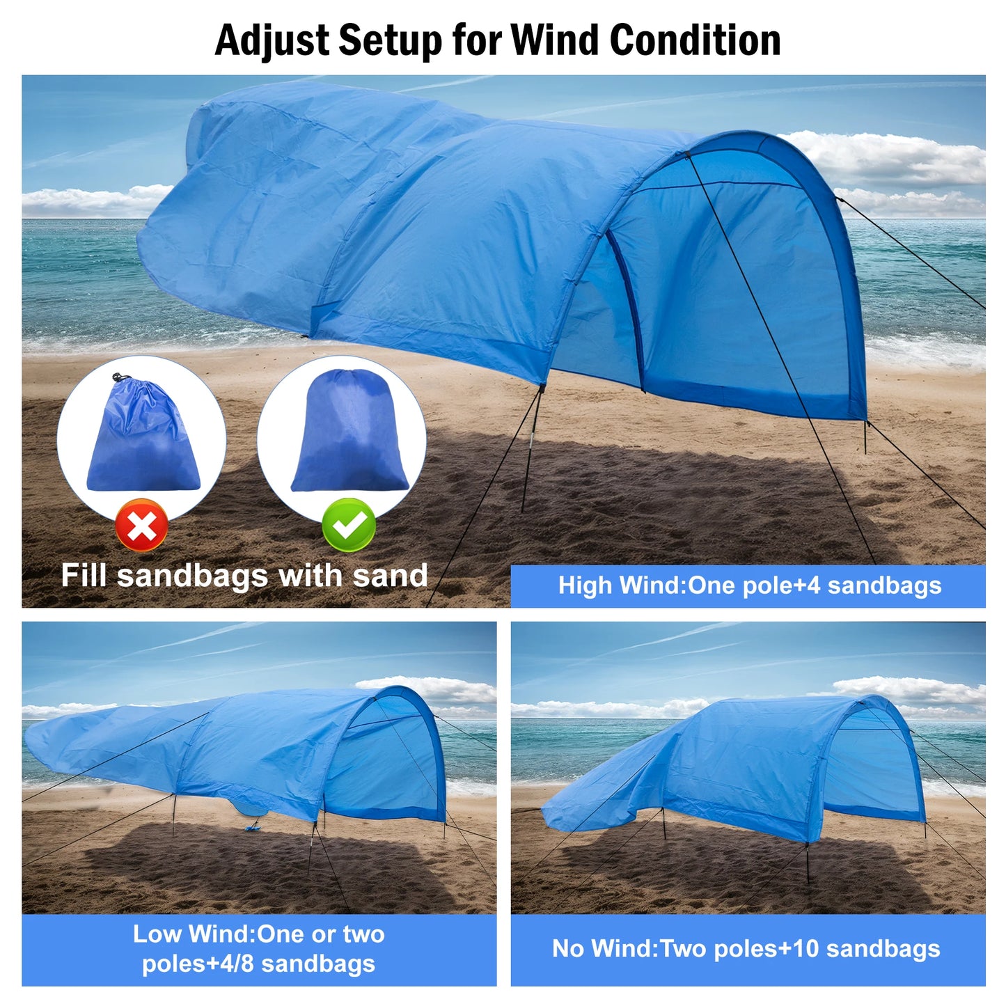 WESTTUNE Portable Beach Shade Compact Wind-Powered Beach Canopy Foldable Outdoor Sun Shelter Beach Tent for 8 People 200 Sq. Ft.