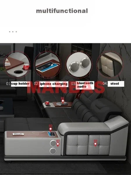 L-Shaped Modern Sectional Sofa Set with Chaise, Genuine Leather Reclining Couch with USB Charging Ports & Cup Holders, Couch Set