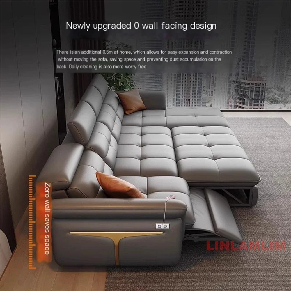 Modern Electric Recliner Sofa Bed with Adjustable Backrest, L-Shaped Multifunctional Italian Genuine Leather Sectional Couch
